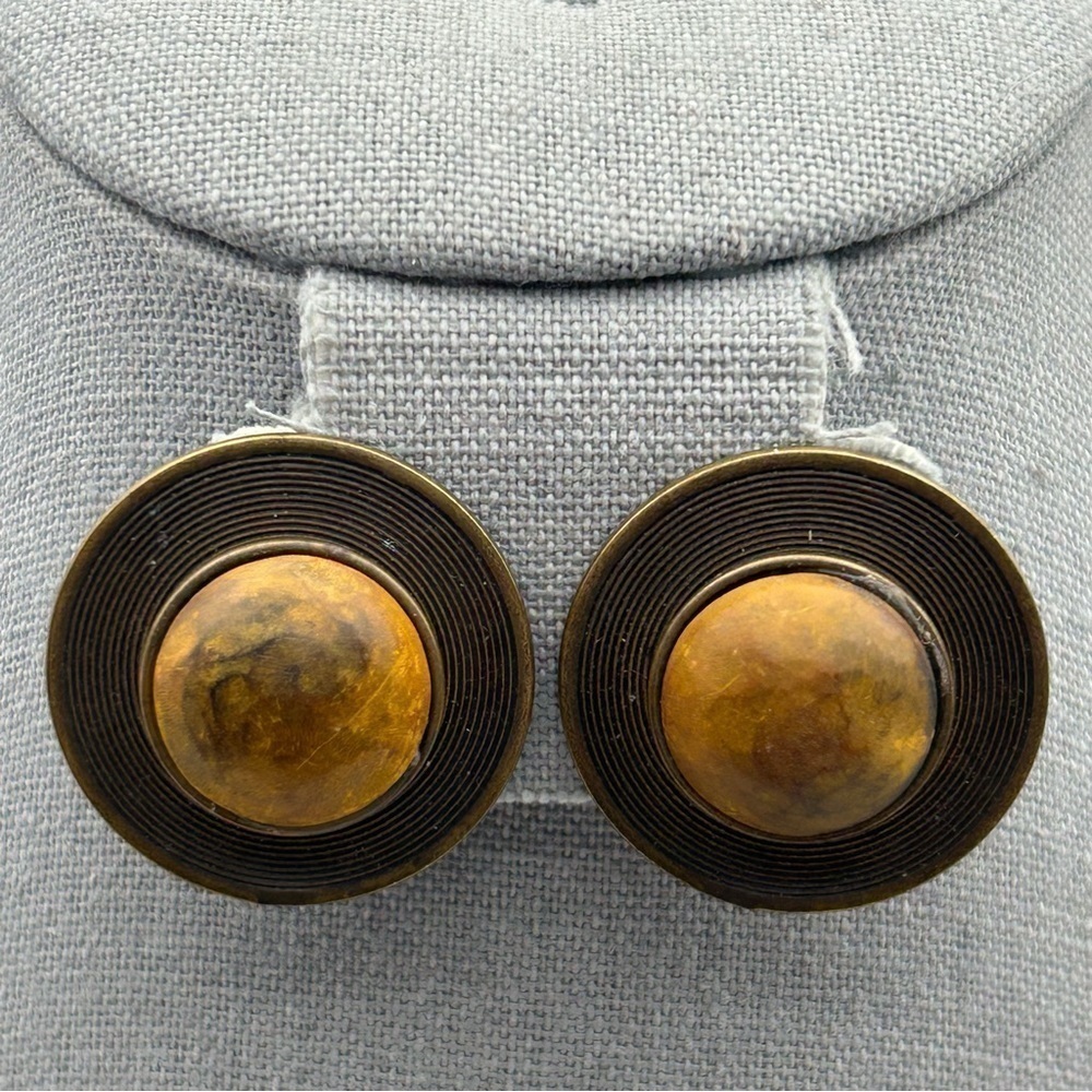 Vintage Retro Yellow & Brown Chunky Textured Statement Dome Disc Earrings